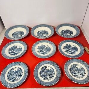 Royal China Currier and Ives Blue White Plates Soup Bowls 12pcs Set Made in USA